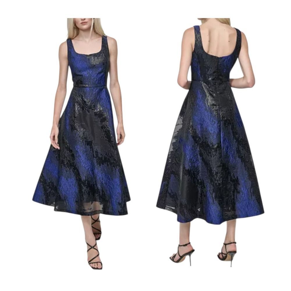 DKNY Blue Black Metallic Jacquard Scoop-Neck Midi Dress Size 8